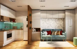 Kitchen design living room 20 m photo with zoning