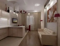 Kitchen design living room 20 m photo with zoning