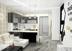 Kitchen design living room 20 m photo with zoning