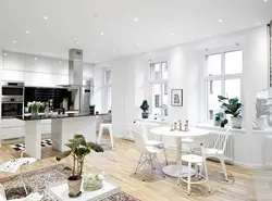 Modern living room and kitchen design in white colors