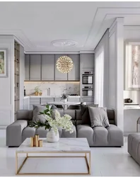 Modern living room and kitchen design in white colors