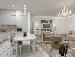 Современный дизайн гостиной и кухни в белых тонах
