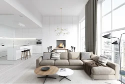 Modern living room and kitchen design in white colors