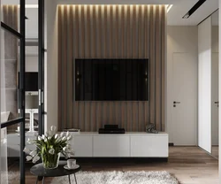 Living room with slats on the wall photo