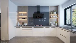 Дизайн кухни без навесных шкафов с окном