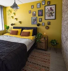 Bedroom interior in yellow tones photo