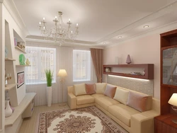 Living room design 18 m with corner sofa