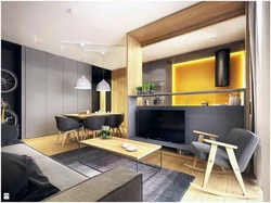 Interior of a living room combined with a kitchen in a modern style photo