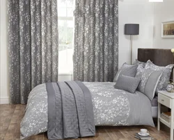 Curtains For Bedroom Interior With Gray Wallpaper Photo