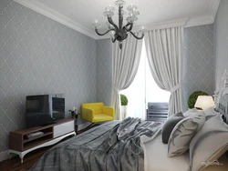 Curtains for bedroom interior with gray wallpaper photo