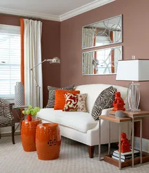 What color goes with terracotta color in the living room interior