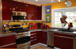 What colors goes with red in the kitchen interior photo