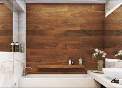 Wood-Look Porcelain Tiles On The Wall In The Bathroom Photo