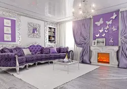 Дизайн гостиной с фиолетовым диваном