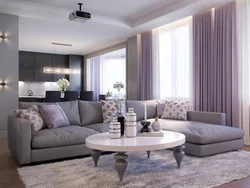 Living room design with purple sofa