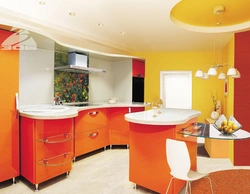 Orange Kitchen In The Interior Photo With What Kind Of Wallpaper And Curtains