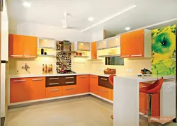 Оранжевая кухня в интерьере фото с какими обоями и шторами