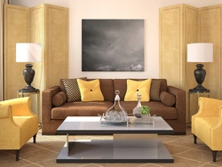Color combinations in the living room interior: brown sofa