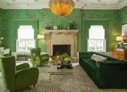 Green wallpaper in the living room photo interiors