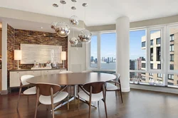 Kitchen with panoramic window in apartment photo design