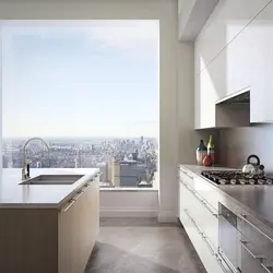 Kitchen with panoramic window in apartment photo design