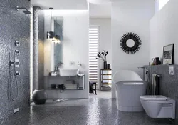 Combination of gray in the interior with other colors in the bathroom