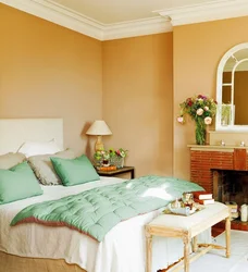 Peach color combination with other colors in the bedroom interior