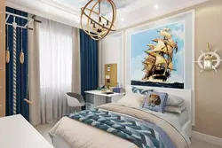 Sea-colored bedroom photo