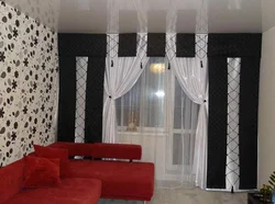 Dark curtains in the living room interior