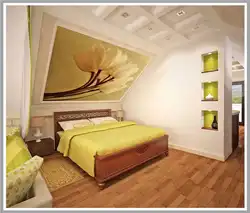 Фото дизайна спальни со скошенным потолком