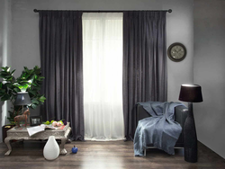 Dark curtains in the bedroom interior photo