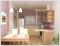 Kitchen design with bar counter, table and sofa