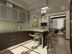 Kitchen Design With Bar Counter, Table And Sofa
