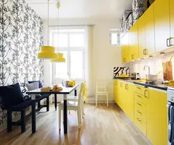 Combination of white kitchen with wallpaper photo