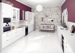 Combination of white kitchen with wallpaper photo