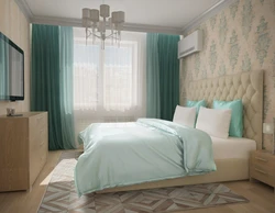 Turquoise curtains in the bedroom interior