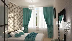 Turquoise curtains in the bedroom interior