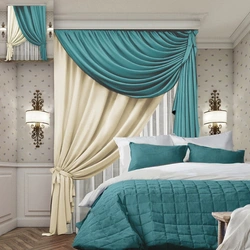 Turquoise curtains in the bedroom interior