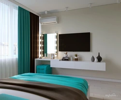 Turquoise curtains in the bedroom interior