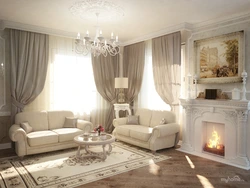 Bright living room interior with fireplace
