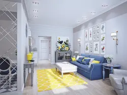 Living room interior in gray tones with bright accents