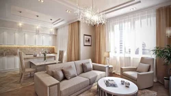 Living room kitchen design in beige tones