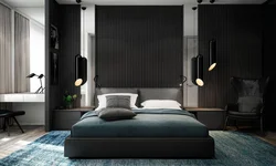 Dark bedroom design photo in modern