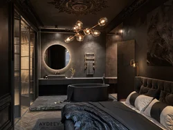 Dark bedroom design photo in modern