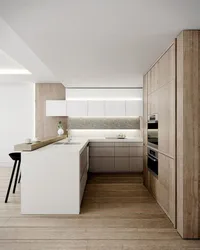 White Corner Kitchen With Wooden Countertop Photo