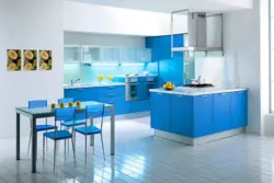 Kitchen design in white and blue colors photo