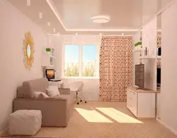 Interior of a living room in an apartment 16 sq m with a balcony