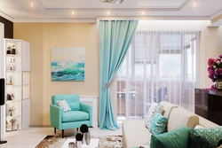 Turquoise Color Of Curtains In The Living Room Interior Photo