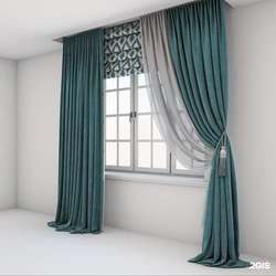 Turquoise Color Of Curtains In The Living Room Interior Photo