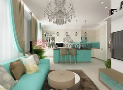 Turquoise sofa in the kitchen interior